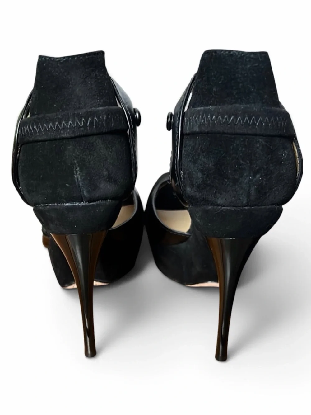 L.A.M.B. Elegant Black T Strap Suede/Leather Peep Toe Pumps Size 7.5 - Picture 4 of 8